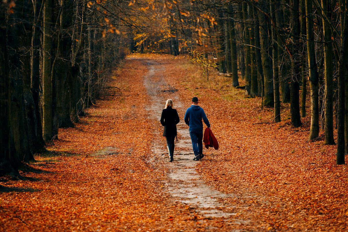 Pareja paseando por un camino de hojas de otoño